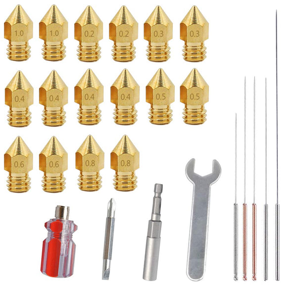 16 PCS 3D Printer Brass Extruder Nozzle Print Head with 4 DIY Nozzle Tools, SourceTon 7 Different Sizes Nozzles & Screw Driver, Spanner, Wrench Sleeve and Cleaning Needles compatible with MK8